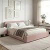 Image de Lit double BELARTI 140x190 cm rembourré Revêtement en tissu Rose Lit style moderne pour 2 personnes Cadre avec sommier inclus