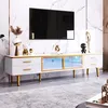 Image de Meuble TV - DREAMMESPACE - Aspect marbre - 4 tiroirs - 2 portes en verre trempé marron - Blanc + Doré