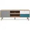 Image de Meuble Tv Scandinave Cuba - Décor Chene, Gris, Blanc Et Bleu Pétrole - 1 Porte - L 150 X P 40 X H 51 Cm