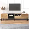 Image de Meuble tv 190 cm style moderne avec 2 compartiments, 2 portes et 2 tiroirs, banc tv avec grande espace de rangement pour chambre ou salon, noir + naturel