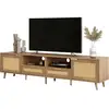 Image de Meuble tv 200 cm en rotin style campagnard , banc tv en bois 2 portes 2 tiroirs 2 compartiments pour salon ou pour la chambre, naturel