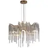Image de Searchlight heritage suspension à 5 lampes, métal doré et gouttes de verre transparent