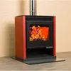 Image de Poêle à bois V05 Rubin Lux   13 kW avec panneaux latéraux peints en bordeaux et grande fenêtre panoramique frontale