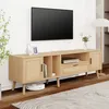 Image de MODERNLUXE Meuble TV 180 cm décoration rotin 2 portes et 1 tiroir pieds en bois massif naturel