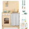Image de Mamabrum cuisine enfant en bois avec eclairage led + tablier & accessoires en bois - four placard avec rideau - ce & en - beige
