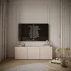 Image de Meuble TV bas 3 portes avec façades à lamelles rainurées   SUNDS   150 cm   beige cachemire