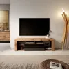 Image de Meuble TV - SELSEY - Bianko - 140 cm - Chêne Lancaster/Noir brillant - Portes & tablettes en verre