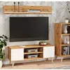 Image de Meuble TV Focus 135 cm Armoire TV chêne doré - blanc pieds bois style scandinave