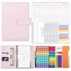 Image de Classeur Budget Francais PU Cuir Enveloppe Budget 6 Trous Budget Planner avec Feuilles de budget Étiquettes Autocollantes Rose