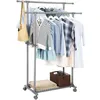 Image de SONGMICS Portant Double Barre Extensible Entre 87 à 150 cm avec roulettes et Étagère de Rangement Capacité de Charge 70 kg Gris