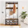 Image de Vasagle grand portemanteau, meuble d’entrée, avec 12 crochets et banc à chaussures, style industriel, vestiaire, étagère, pour bureau, chambre, cadre en acier , marron rustique et noir hsr86bx