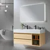 Image de Meuble de salle de bain double vasque 120cm bois et blanc effet marbre avec miroir LED LB-8512 LuxuryBain-