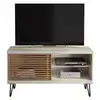 Image de Meuble Tv 50 Pouces Blanc Et Chêne 1 Porte 3 Niches Pieds Métal L 120 H 65 P 33 Cm
