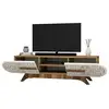 Image de Meuble tv matsu, buffet de salon, armoire basse pour tv, base murale de rangement, 145x37h37 cm, noyer et blanc Matsu
