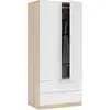 Image de Armoire avec 2 portes et 2 tiroirs, finition en blanc et bois, mesures : 81 cm (l) x 180 cm (h) x 52 cm (p)