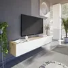 Image de Meuble TV suspendu - L 180X P 28X H 35 cm KAWAY - Décor blanc et chêne - 2 Portes abattantes
