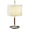 Image de BOVER lampe de table DANONA MINI (Abat-jour en ruban translucide crème avec structure en nickel satiné et cuir foncé - Fer, cuir, ruban, méthacrylate)