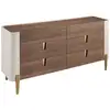 Image de Commode en bois beige, acier poli doré et plateau en noyer