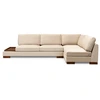 Image de Canapé D'angle Velours Avec Plateau En Bois Noyer Bakiza 313cm-beige Clair-angle Droit-avec Pouf