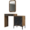 Image de Commode 4 Tiroirs Avec Miroir Mural Bois Foncé Et Noir Effet Marbre Kindo 124cm