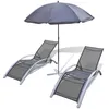 Image de Set de 2 chaises longues et parasol - Noir - 156 x 60 x 89 cm