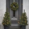 Image de Lot de 2 sapins de Noël Glendon + 1 couronne - LED - Fonctionnant à pile - PVC - H 90 x Ø 45 cm - Vert givré