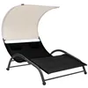 Image de vidaXL Chaise longue double avec auvent Textilène Noir
