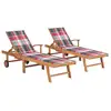 Image de Chaises Longues Lot De 2 Et Coussin Carreaux Rouge Teck Solide Vidaxl