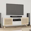 Image de 345615 vidaXL Meuble TV Blanc 105x30x40cm Bois de pin massif et rotin naturel