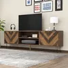 Image de Meuble TV - Armoire TV en bois massif - 2 portes - Poignées dorées - Pieds en fer marron - Design contemporain