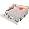 Image de Lit gigogne 90x200 cm avec rangement, tiroirs + poches, ports usb+type-c, led, lin + mdf, beige, sans matelas
