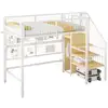 Image de Lit mezzanine 90x200cm, led, escalier avec rangement, structure en maille, métal + mdf, blanc + couleur bois, sans matelas