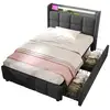Image de Lit simple led 90x200 cm avec sommier - lit enfant avec usb et 2 tiroirs - lin - gris (sans matelas)