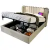Image de Lit coffre 140x200 cm, lit adulte avec 2 lampe de chevet, port usb, en lin, sans matelas, naturel