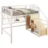 Image de Lit mezzanine 140x200 cm, lit adulte avec led, escalier avec rangement et armoire ouverte, en métal, blanc, sans matelas