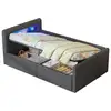 Image de Lit coffre 90x200 cm, lit enfant avec éclairage led, veilleuse, port de usb et étagère, sans matelas, tissu velours, gris foncé
