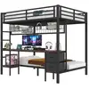 Image de Lit superposé 140x200cm, structure en fer, tiroirs, grille, bureau, avec bande led et port usb, sans matelas, noir