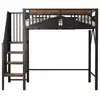 Image de Lit mezzanine 90x200 cm, lit simple avec barrière de sécurité avec fenêtre, échelle de sécurité, sans matelas, en métal et bois, noir