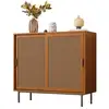 Image de Buffet avec 2 portes en rotin coulissantes - buffet salon en bois campagnard 100x37x90 cm - noyer