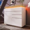 Image de Commode - Buffet 2 Portes 3 Tiroirs avec LED Contrôlable Par APP Meuble Salon en MDF Rangement Fonctionnel 115x110x39 cmBlanc