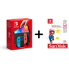 Image de Nintendo Switch (modèle OLED) avec manettes Joy-Con bleu néon / rouge néon + Carte mémoire microSDXC UHS-I SanDisk 256 Go