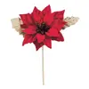 Image de Fleur Poinsettia rouge 9cm sur tige avec feuilles dorées C-11777