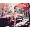 Image de Peinture au numéro : Femme et voiture classique rose  - sans châssis en bois FiguredArt-FA10244