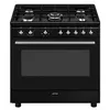 Image de Centre de cuisson 90 cm, 5 bruleurs gaz dont 1 ultra-rapide surpuissant 4 kW, four multifonction (9 dont double chaleur tournante), nettoyage catalyse, moufle geant 115 litres nets, eclairage 2 halogenes, classe A, compartiment de rangement abattant