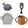 Image de Coffret repas en silicone Vivi Dino bleu, vert et moutarde (4 pièces)