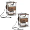 Image de CostwayLot de 2 Tables de Chevet à 3 Niveaux avec Station de Charge Etagères Ouvertes Table d'Appoint Plateau en Bois Marron Rustique