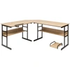 Image de CostwayBureau d'Angle en forme de L Ajustable à Bureau Droit 2 Personnes avec Plateau Inclinable Support Centrale Naturel