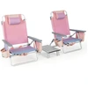 Image de CostwayLot de 2 Chaises de Camping Plage Pliante Table Enroulable en Aluminium Appui-tête Dossier Réglable à 5 Positions Rose