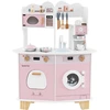 Image de CostwayCuisine de Jeu avec Cafetière Micro-ondes Four Machine à Laver Accessoires de Cuisine et Évier pour 3 Ans+ Rose