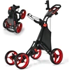 Image de CostwayChariot de Golf à Pousser ou à Tirer Chariot de Golf Pliable Léger à 4 Roues Chariot de Golf Avec Sac Imperméable et Frein à Pied Rouge